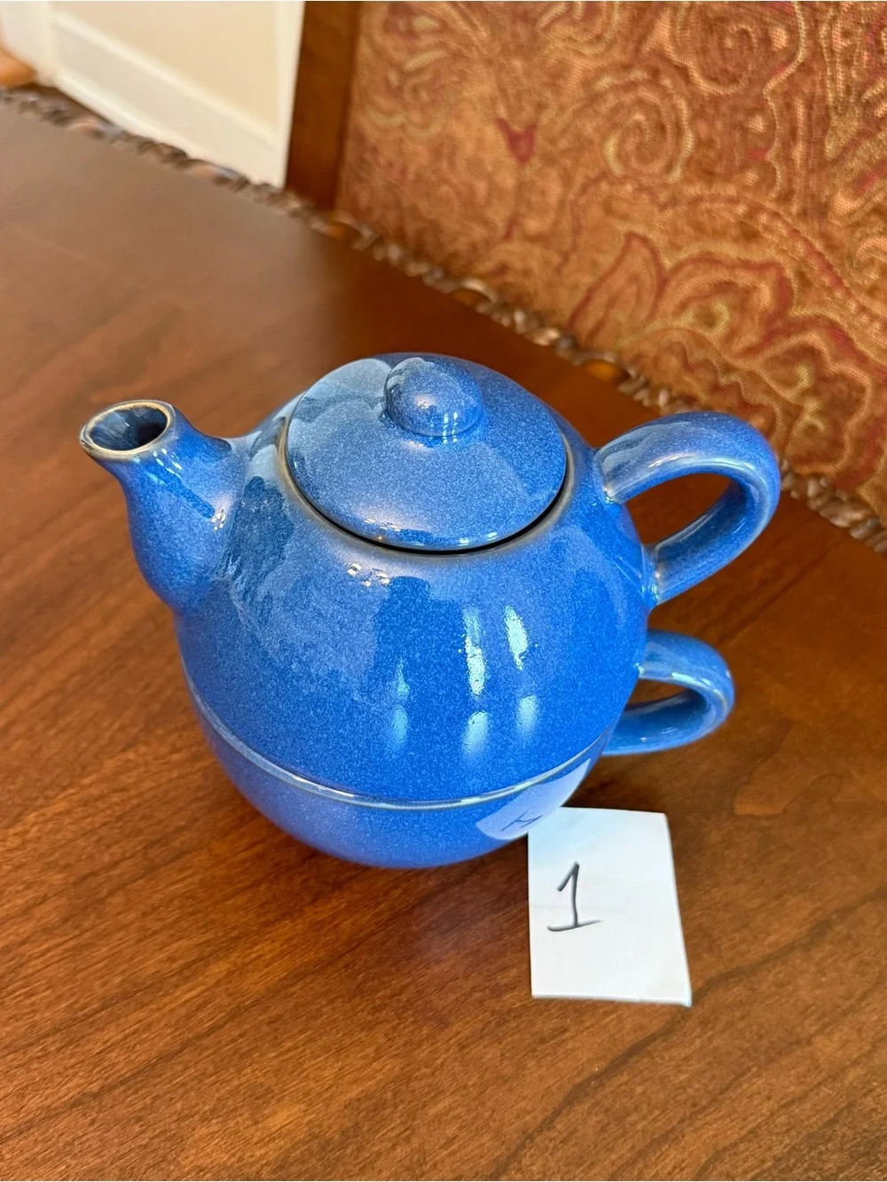 Pier 1 Blue Stoneware Tea for One Stackable 3-Piece Set with Teapot, Lid and Cup